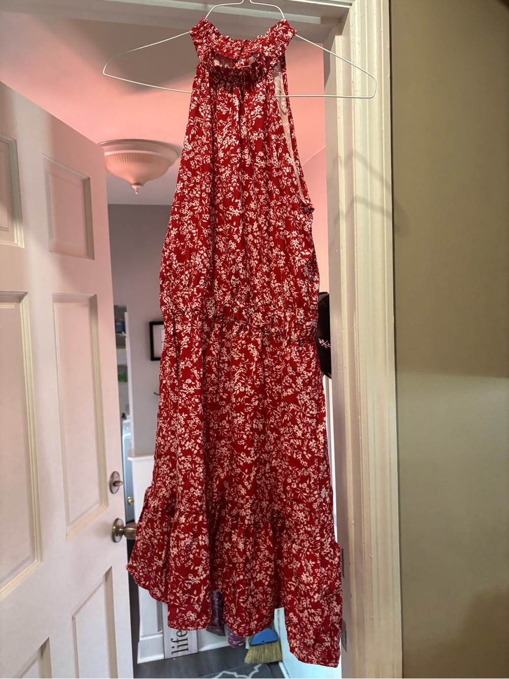 Red and White Floral Strapless Dress